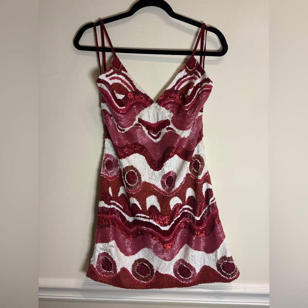 CULT GAIA Sasha Beaded Multi Wave Print Mini Dress Pink Red NWT Small - Picture 6 of 14